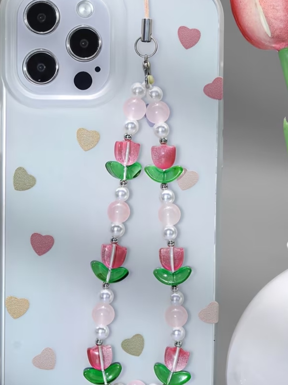 Pink Rose Beaded Phone Strap - Green & Pink Floral Charm